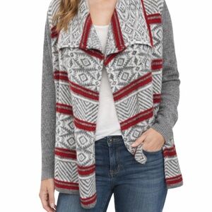 Natural Reflections Cardigan Sweater – Size Small – Gray & Red Pattern – Gently